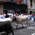 Toros y corredores del encierro al principio de la calle Estafeta / Bulls and runners in Estafeta street