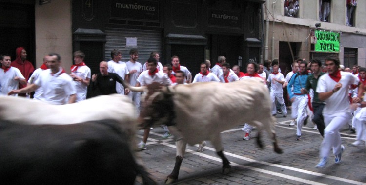 Toros y corredores del encierro al principio de la calle Estafeta / Bulls and runners in Estafeta street